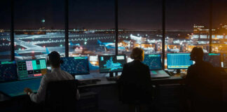 Air traffic controllers in airport tower at night