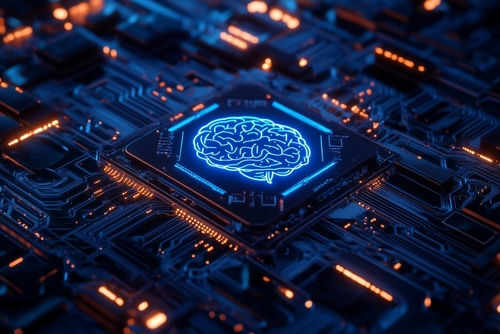 Glowing brain image on a microchip circuit board