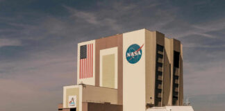 NASAs Vehicle Assembly Building with Artemis sign.