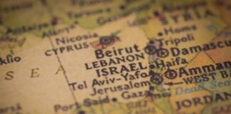 Close-up of a map showing Lebanon and Israel