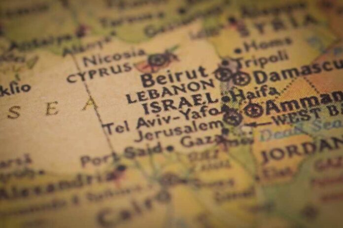 Close-up of a map showing Lebanon and Israel