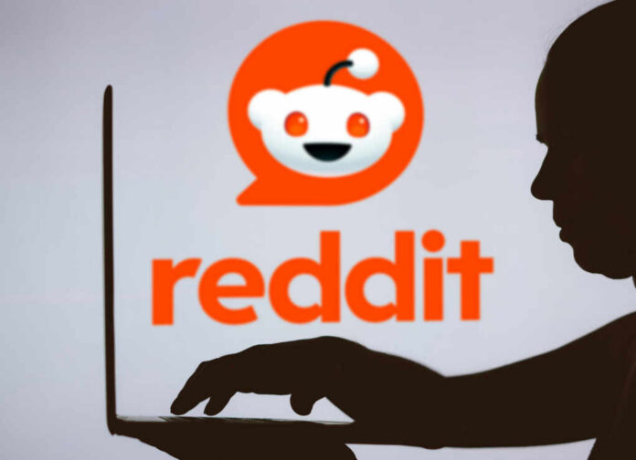 Silhouette of a person using a laptop in front of the Reddit logo