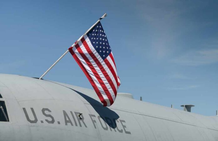 Concept,Photo,For,The,United,States,Army.,The,Flag,Of american flag on military aircraft