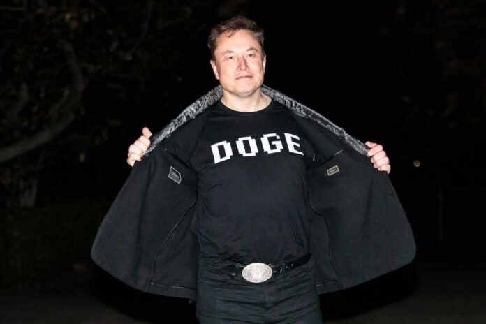 shutterstock_2596219333.jpg Person wearing a black shirt with 'Doge' printed on it, standing outdoors at night