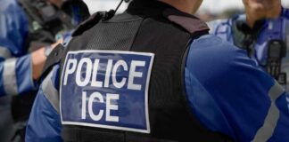 Close-up of a police officer's vest with 'POLICE ICE' insignia