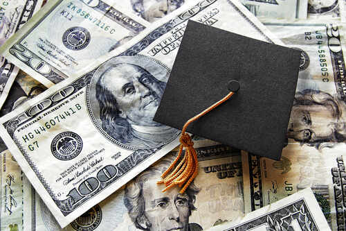 A graduation cap placed on a pile of U.S. dollar bills