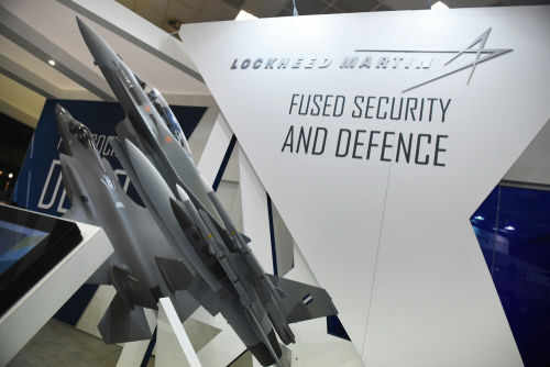 Model airplanes on display with Lockheed Martin branding