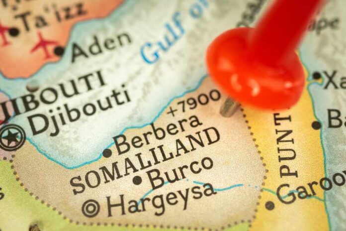Close-up of a map highlighting Burco in Somaliland with a red location pin