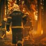 Firefighters walking through a smoky forest during a wildfire