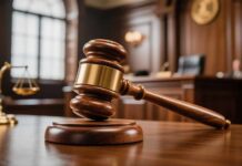 Killer Watches CPR Footage of Victim in Court A wooden gavel resting on a courtroom table with a scale of justice in the background