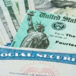 Retirement Cliff Looms — 2032 Shock Social Security card and U.S. Treasury check on cash