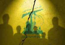 Hezbollah flag graphic with crack and silhouetted figures