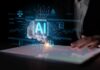 A hand interacting with a digital tablet displaying AI graphics