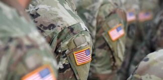 U.S. flag patches on camouflage military uniforms