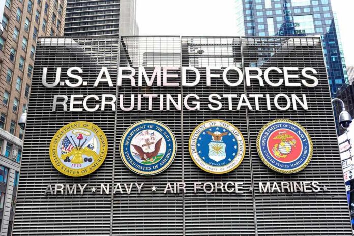 shutterstock_1988510702 U.S. Armed Forces recruiting station facade with service emblems