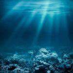 Underwater view of a coral reef with light rays penetrating the water