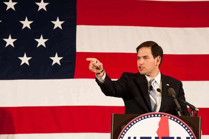 Speaker in suit pointing during speech before large American flag