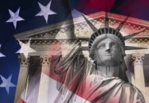 Thomas Torches Big Law Hypocrisy Statue of Liberty overlaid with U.S. flag and classical courthouse