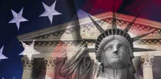 Statue of Liberty overlaid with U.S. flag and classical courthouse