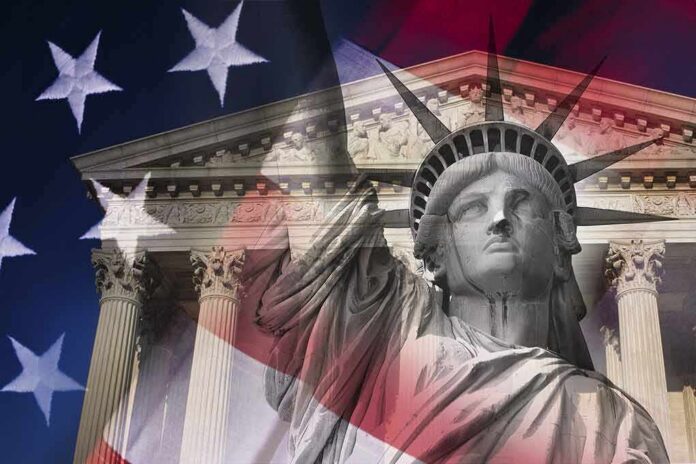 shutterstock_279495323 Statue of Liberty overlaid with U.S. flag and classical courthouse