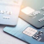 Close-up of stacked credit cards with EMV chips