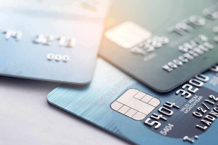 shutterstock_567634105 Close-up of stacked credit cards with EMV chips