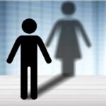 male stick figure with female shadow