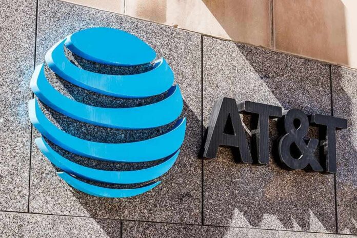 AT&T logo and sign on a granite building facade