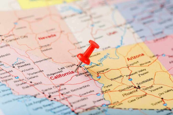 Red pushpin on a map marking southern Nevada and nearby states