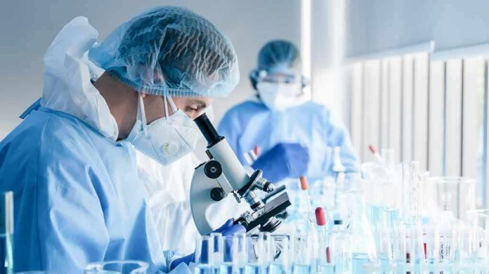 Scientist using a microscope in a laboratory