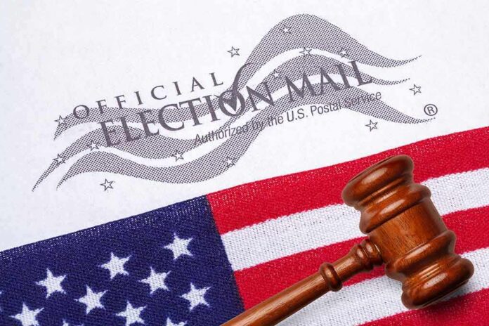 shutterstock_1847564128 Gavel on U.S. flag beside official election mail envelope