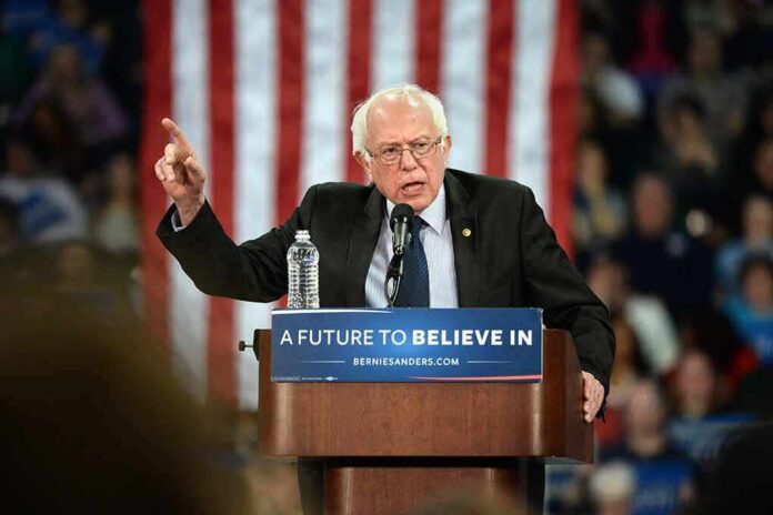 elderly man speaking at podium during rally