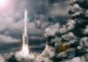 Rocket launches through dense clouds