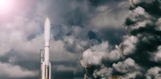 Rocket launches through dense clouds