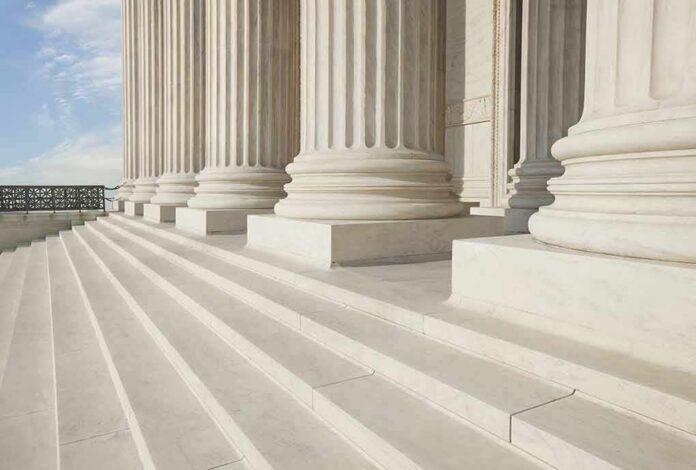 Marble columns and steps of a neoclassical building