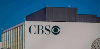 CBS building exterior with logo and satellite dishes