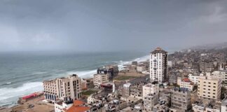 Coastal city skyline with mid-rise buildings by a rough sea under overcast skies