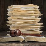 Stack of file folders with a judge's gavel on an open book