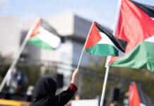 Terror Bloc Eyes Parliament Power Person waving a Palestinian flag at a rally