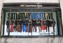 SNL Smear? Nobel Jab, Zero Proof Window display with Saturday Night Live cast poster at NBC Experience Store